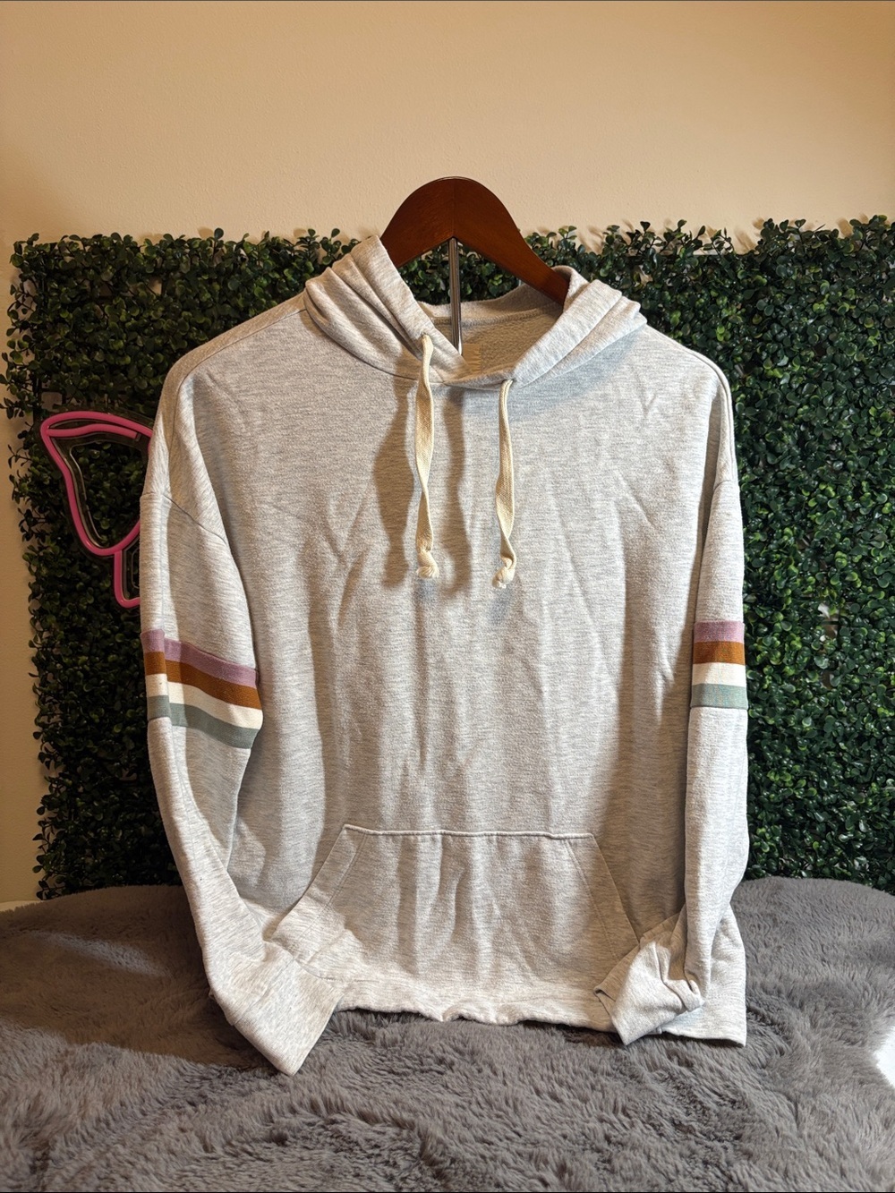 Madewell Light Gray Hoodie with Multicolor Sleeve Stripes Size XXS